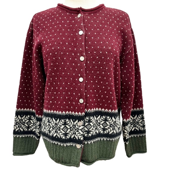 TALLY HO Vintage Burgundy & Olive Fair Isle Button Front Cardigan - Picture 1 of 9